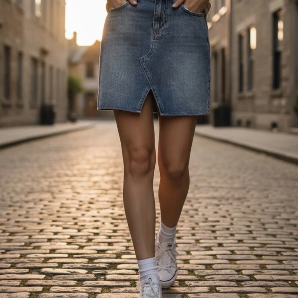 High-Rise Blue Denim Mini Skirt with Front Slit